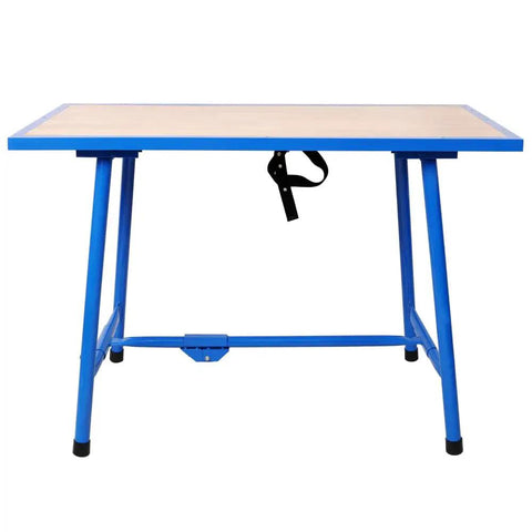 Heavy Duty Foldable Workbench Featuring Tough As Nails Steel Frame And Premium Wood Top, No Sweat Assembly For Garage Or Home Shop, 660 Lb Load Capacity, Blue with a solid wood top and blue steel frame.