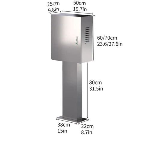 Rock Solid Steel EV Charger Pedestal Box With Keyed Lock And Weatherproof Lid For Outside Installations, dimensions and design details.