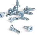 Badass Replacement Screws For 440 Series Continuous Door Hinges Satin Anodized Finish With Heavy Duty Steel Kit scattered screws on a white background.