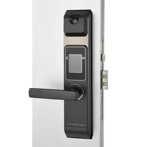 Heavy Duty Zinc Alloy Touchscreen Smart Door Lock Keyless Entry Security System With Five Unlock Methods For Exterior Doors on a door.