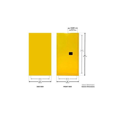 Heavy Duty Steel Two Door Vertical Flammables Storage Cabinet For 55 Gallon Drums including side and front views with dimensions