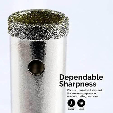 Diamond hole saw bit, metal body with diamond-coated tips, close-up view.