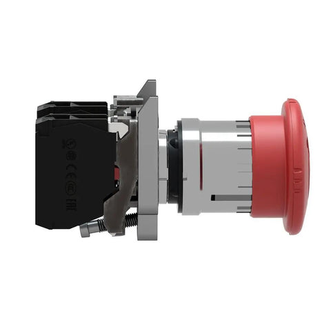 Side view of Red Emergency Stop Push Button Switch SPST No NC With Push Turn Release For Heavy Duty Rugged Safety Cutoff, screw clamp terminals.