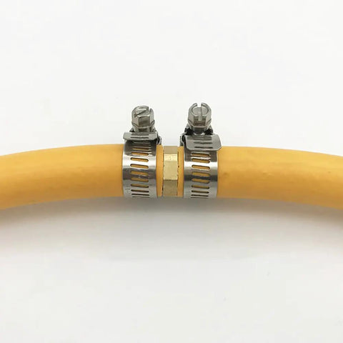 Five Pack Brass Garden Hose Connectors For Half Inch Hoses With Stainless Steel Clamps Hose Mender Kit For Quick Repair And Leak Proof Extended Connections showing close-up of brass connector installed on hose with steel clamps