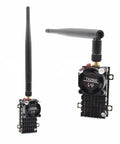 TX2500 V4 5 8 GHz FPV Transmitter With 2000mW Power Cooling Fan Ultra Long Range for RC drones, front and side view with antenna.