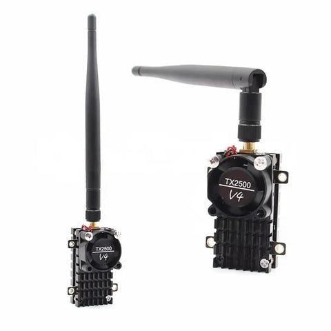 TX2500 V4 5 8 GHz FPV Transmitter With 2000mW Power Cooling Fan Ultra Long Range for RC drones, front and side view with antenna.