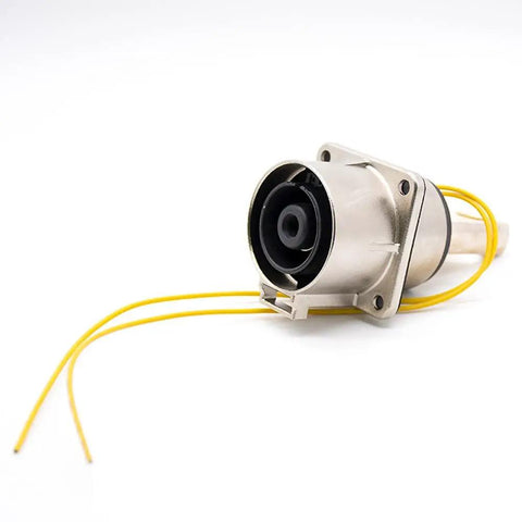 Straight Up Solid EV High Voltage Connector With IP67 Right Angle Metal Plug And Socket 500 Amp HVIL Wire Harness Adaptor close-up view.
