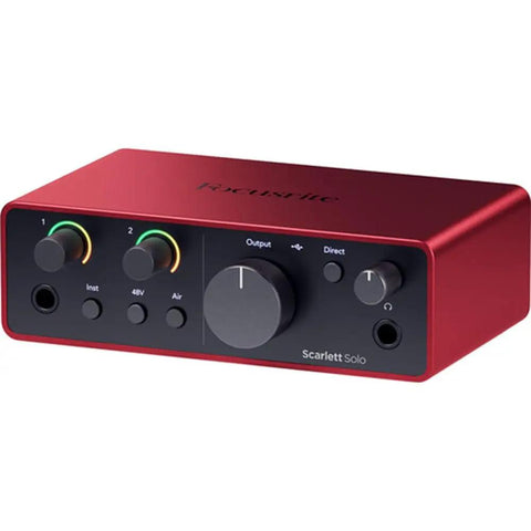 Scarlett Solo USB-C Audio Interface 4th Gen front view showing knobs and input ports for home studio pro sound setup.