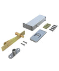 Pivot hinge hardware kit for 36 In By 84 In Full Lite Opaque Frosted Glass Interior Pivot Door with black steel frame.
