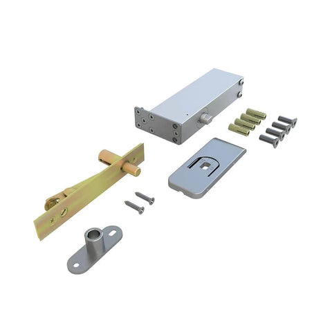 Pivot hinge hardware kit for 36 In By 84 In Full Lite Opaque Frosted Glass Interior Pivot Door with black steel frame.