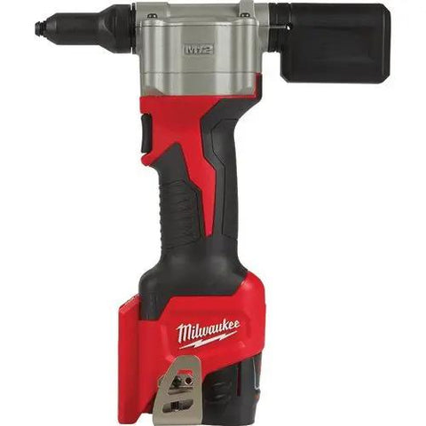 Pro Grade M12 Cordless Rivet Gun Kit Featuring Dual Batteries Smart Charger And Rugged Case Heavy Duty Pull Setup Designed For Stainless Steel Fasteners Rock Solid Job Site Workhorse, side view showing ergonomic design.