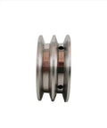 Side view of 60mm Aluminum Double Groove Pulley Wheel for Motor Shafts with 8mm bore and 10mm shaft fit, lightweight design