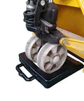 Rubber Pallet Jack Chock Heavy Duty Wheel Stopper for Pallet Jacks and Trucks stabilizes wheels for safer handling, view in use.