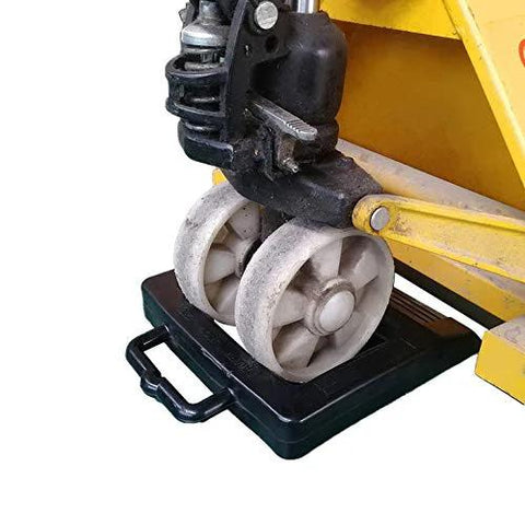 Rubber Pallet Jack Chock Heavy Duty Wheel Stopper for Pallet Jacks and Trucks stabilizes wheels for safer handling, view in use.