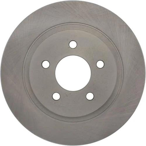 Front view of rear brake rotor disc for Ford Mustang; silver-gray metal with five lug holes and central hub.