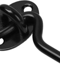 Close-up of a rustproof stainless steel gate hook latch for shed doors, features a black finish for durability.