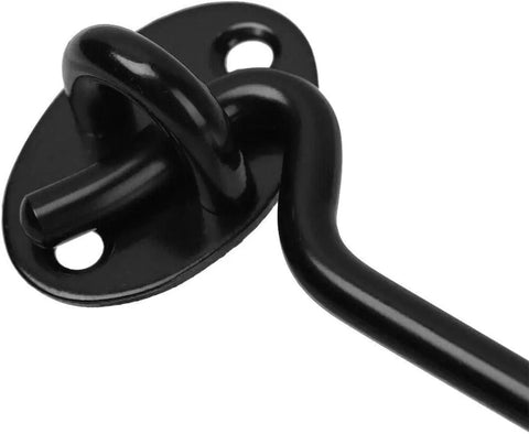 Close-up of black 2 Pack Swivel Hook Gate Latch Stainless Steel Barn Shed Cabinet Door Holder, showing hook detail.