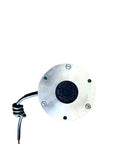 Electromagnetic power-off brake, round metal disc with black center hub, DC24V cable (front view)