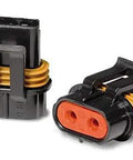 4-Pack 2-Pin 46 Amp Waterproof Metri-Pack Connector Terminals And Seals For 10-12 AWG, front and side view, black and orange design