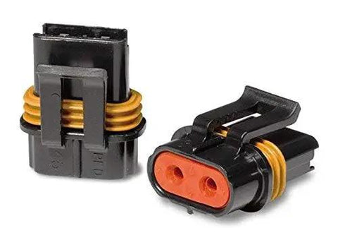 4-Pack 2-Pin 46 Amp Waterproof Metri-Pack Connector Terminals And Seals For 10-12 AWG, front and side view, black and orange design