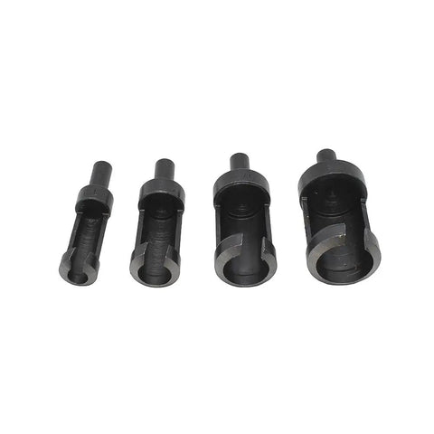 Four Piece Woodworking Plug Cutter Kit For Concealing Screw Holes And Straight Shooting Joinery With Knockout Flush Chamfered Tapered Bits in sizes 1/4 to 5/8 inch.