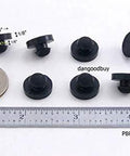 Ridged Stem Rubber Push-In Bumper 9/16 Inch Diameter Fits 1/4 Inch Hole In 1/8 Inch Thick Material Durometer 60A SBR displayed with rulers and coin for scale