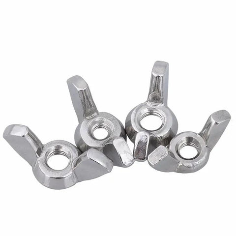 50 Piece Pack Of M5 Butterfly Wing Nuts Crafted From Badass 304 Stainless Steel For Smooth Hand Tightening Top Shelf Metric Fasteners showing four nuts.
