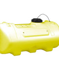 40 Gallon Yellow Sprayer Tank With Translucent Body Farm-Ready, showing raised volume markings, full-drain sump, and tethered 6 inch lid.