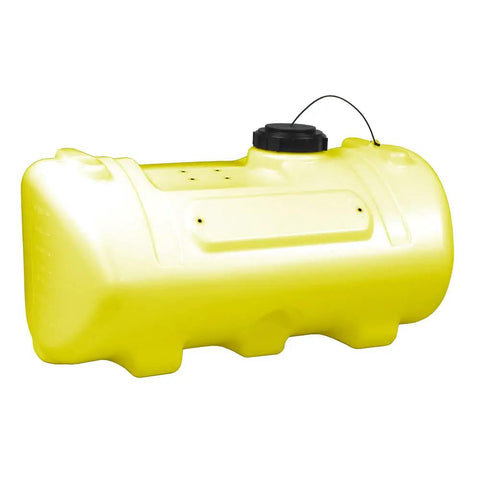 40 Gallon Yellow Sprayer Tank With Translucent Body Farm-Ready, showing raised volume markings, full-drain sump, and tethered 6 inch lid.