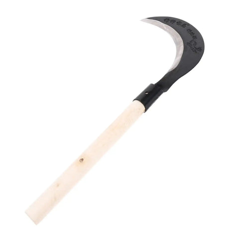 Long Handle Manganese Steel Hand Scythe For Weeding And Uprooting In The Garden Durable Sharp Comfortable Weed Knife For Easy Cultivation And Lawn Care Tool with curved blade and wooden handle.