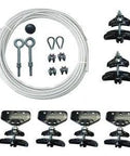 Festoon System Kit With One Quarter Inch Wire Rope For Material Handling 20 Ft, showing wire rope, trolleys, clamps, and bolts.