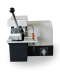 Professional Steel Pipe Cutter And Metallographic Sectioning Machine For Laboratory Precision Cutting Of Hard Alloy Bars And Round Tube Stocks, front view with lever and controls.