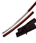 Boss Level Shirasaya Samurai Katana With High Carbon Steel Blade, 27 Inch Blade, 41 Inch Overall, Red Finish, shown with sheath