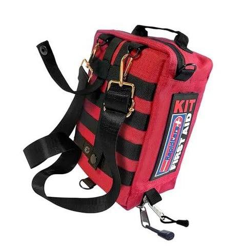Front view of red Rapid Care first aid kit bag with black adjustable strap and zipper pulls.
