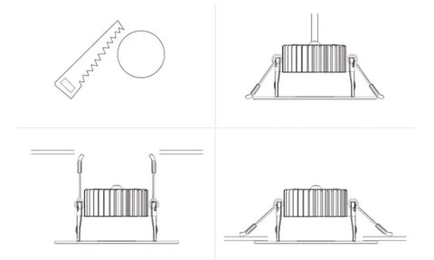 LED Recessed COB Spotlight with installation guide including tools and mounting angles in detailed diagram.