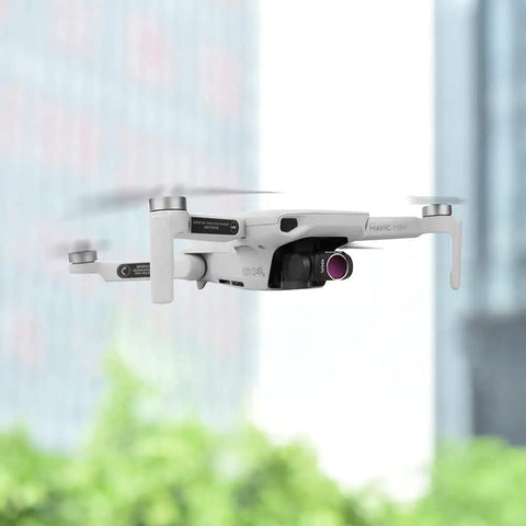 Pro Grade Lens ND Filter Kit For Mini Drones, CPL And ND8 And ND16 attached to Mavic drone flying outdoors