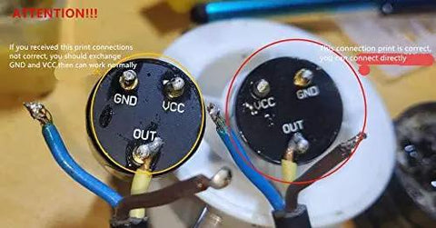 Close-up of two wiring connections with labels GND, VCC, OUT, showing incorrect and correct setup guidance.