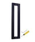 Square Door Pull Handle Set For Sliding Barn Doors, Brushed Nickel Or Black Double Sided Exterior Interior Hardware in black, shown with tools.