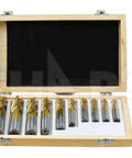 End mill set in wooden case; 10 pieces, tin-coated, 4-flute, 3/16–3/4 in, single-end center-cut