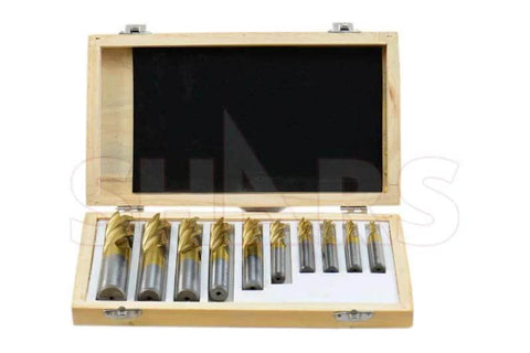 End mill set in wooden case; 10 pieces, tin-coated, 4-flute, 3/16–3/4 in, single-end center-cut