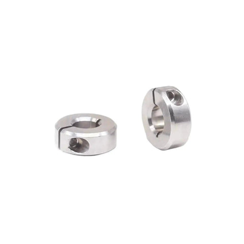 Solid Real Deal Anodized Aluminum Open Fixed Ring Shaft Collar Locking Sleeve For Secure Pos Stops With Split Clamp Giving Legit Grip And Long Life For Rig Applications Sticking Solid As One Part To Block Gaps Or Limits On Your Build Now., silver split clamp shaft collars shown from two angles
