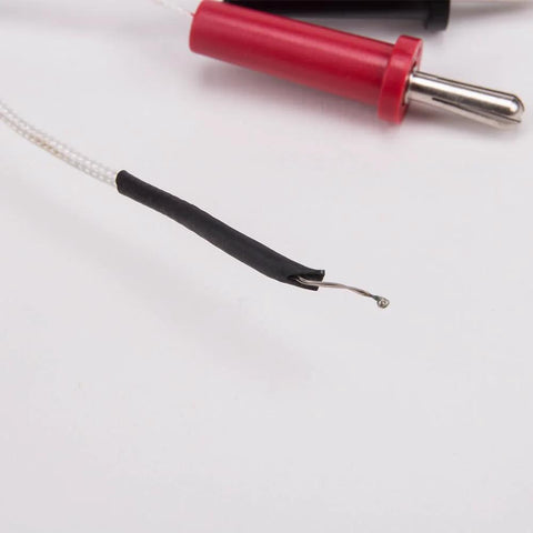 K-type thermocouple sensor with red mini connector and black insulated lead; exposed metal probe tip (2-pack)