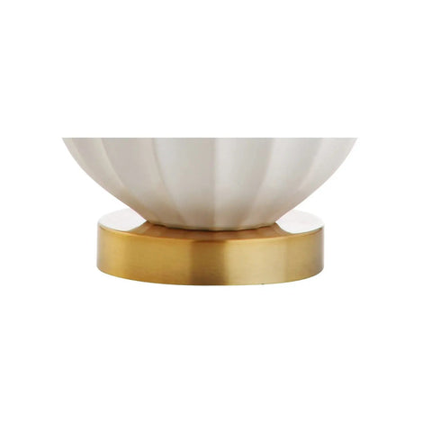 Base of Dope White Ceramic Gold Ribbed Gourd Table Lamp 21.5 Inches With White Linen Shade, Contemporary Bedside Nightstand Light