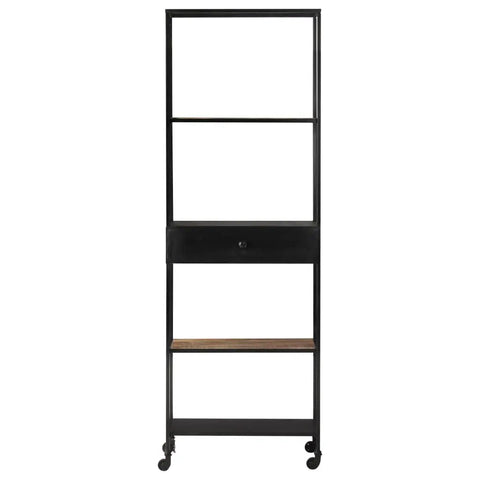 Front view of Rough Mango Wood Book Cabinet With Four Shelves And One Drawer Beefy Industrial Iron Frame Built Tough Tropical Hardwood Storage.
