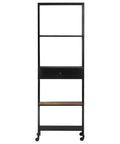 Front view of Industrial Mango Wood Bookshelf with Iron Frame, 4 Shelves and 1 Drawer, Tall 70.9 Inch for living room.