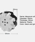 Mecanum wheel, 64mm diameter, 30mm thick, white plastic with black and gray rollers (front view)