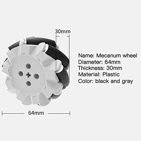 Mecanum wheel, 64mm diameter, 30mm thick, white plastic with black and gray rollers (front view)