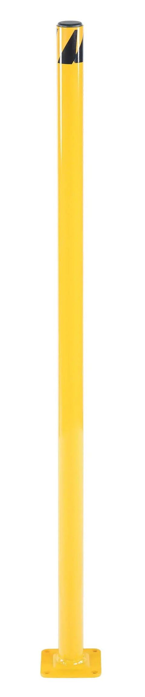 Heavy Duty Welded Steel Safety Bollard Standing Forty Two Inches Tall Built Like A Tank For Parking Lots And Docks Rock Solid Garage Guardian With Bright Safety Yellow Coating, side view.