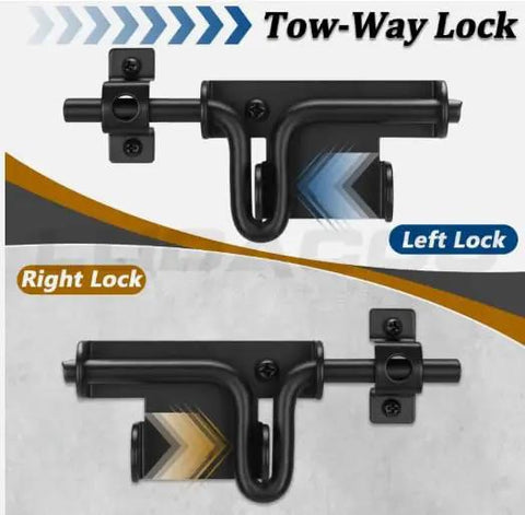 1‑Pack Heavy‑Duty Lockable Slide‑Bolt Gate Latch, Rust‑Resistant Metal Hardware for Yard, Fence and Shed Gates showing left and right locking options.