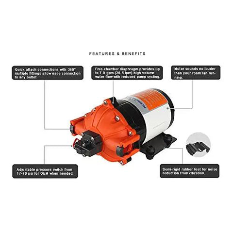 High Flow Submersible Sump Pump With 24V DC Power, featuring durable motor, adjustable pressure switch, and 5-chamber diaphragm.